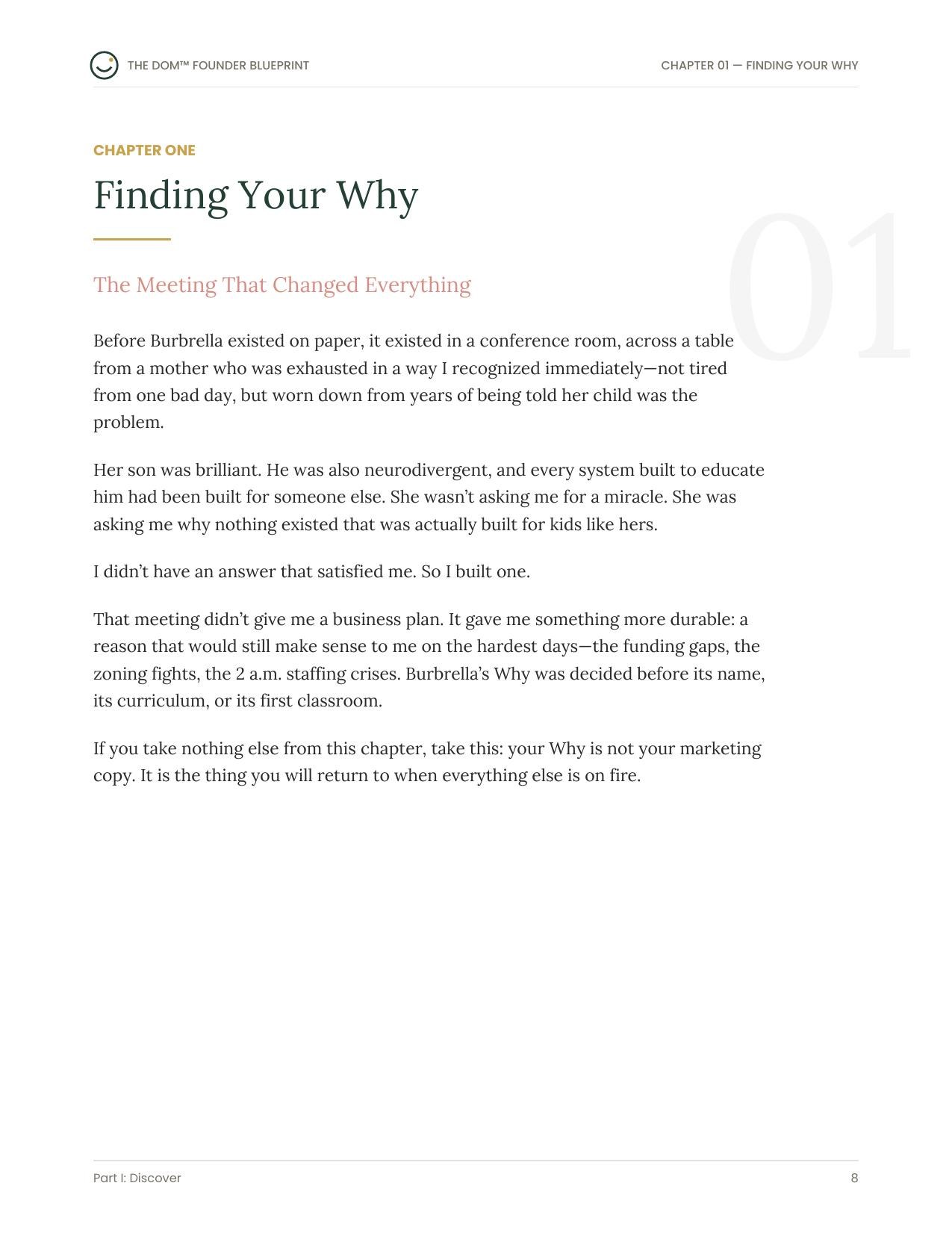 Opening page of Chapter 1, Finding Your Why, with Dominque's founder story